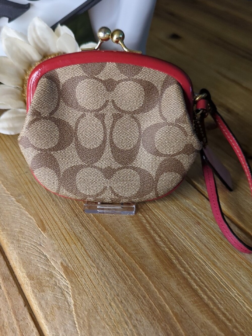 Coach Signature Canvas Kisslock Wristlet- Pink Patent Trim & Tattersall Interior - Picture 8 of 8